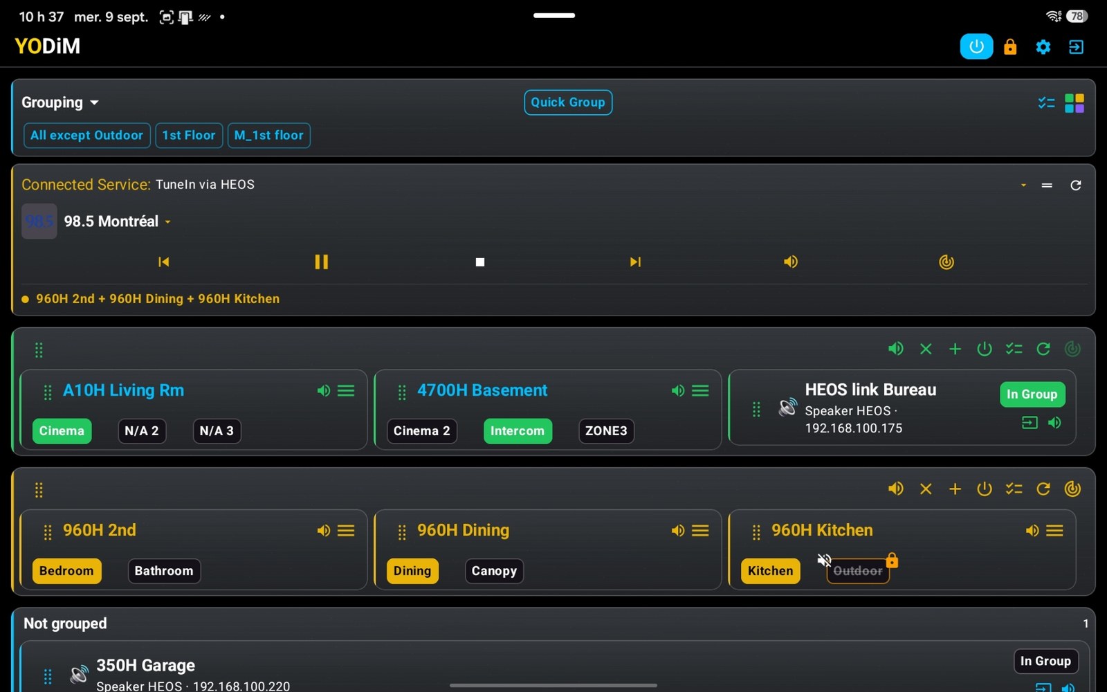 The YODiM home screen on a tablet: every receiver, every zone, and the HEOS groups
