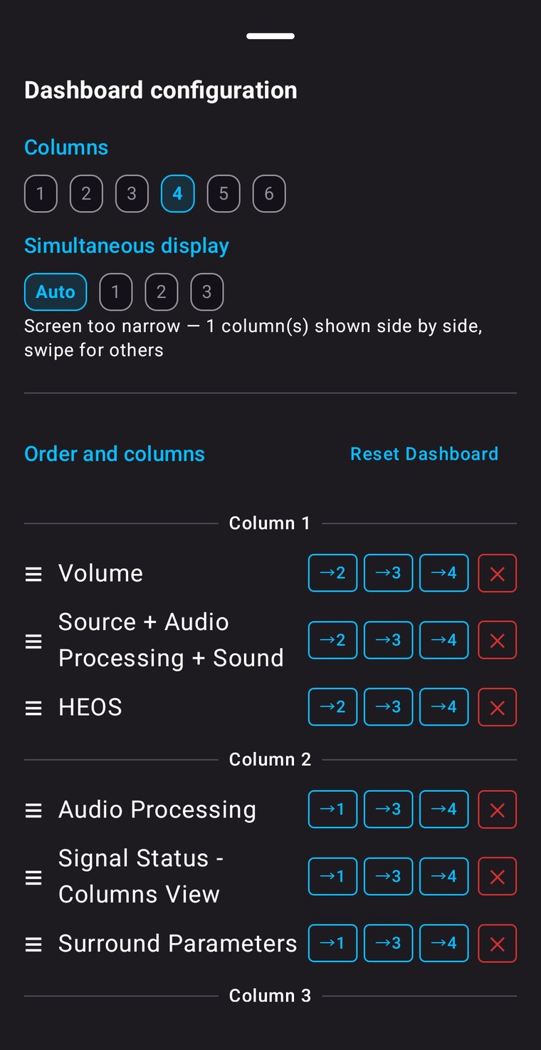 Dashboard settings on a phone: number of columns, simultaneous display, and the order of the widgets column by column